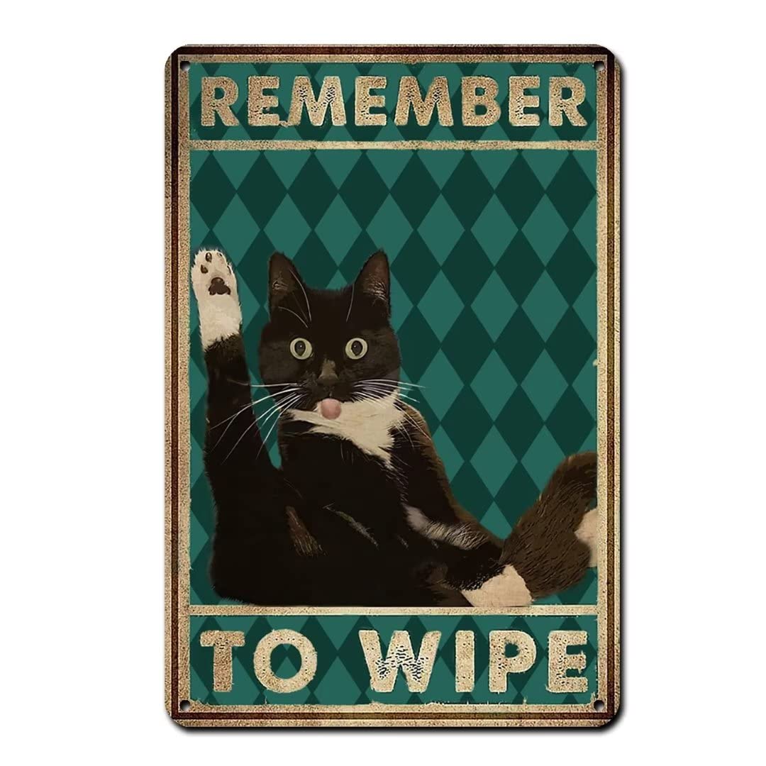Alcermy Black Cat Decor Metal Tin Sign-Remember To Wipe-Cat Funny Metal Poster Bathroom Wall Decor Sign For Toilet,Home Decor,Restroom,Apartment,Office,Vintage Cat Bathroom Decor Wall Art Signs,12X8 Inch