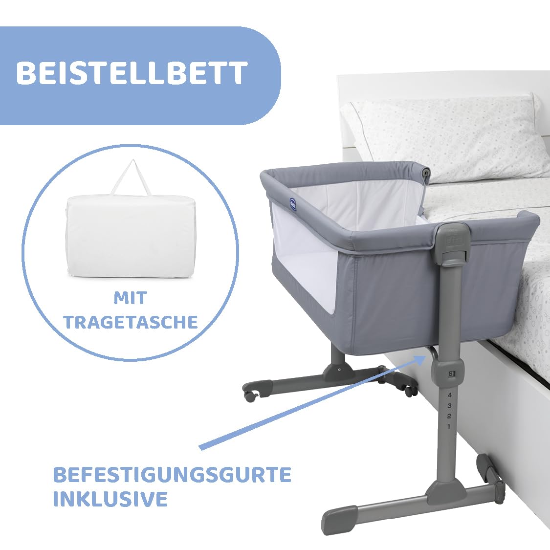 Chicco Next2Me Essential Beistellbett für Neugeborene, höhenverstellbar, Matratze inklusive, 0-6 Monate, Grau