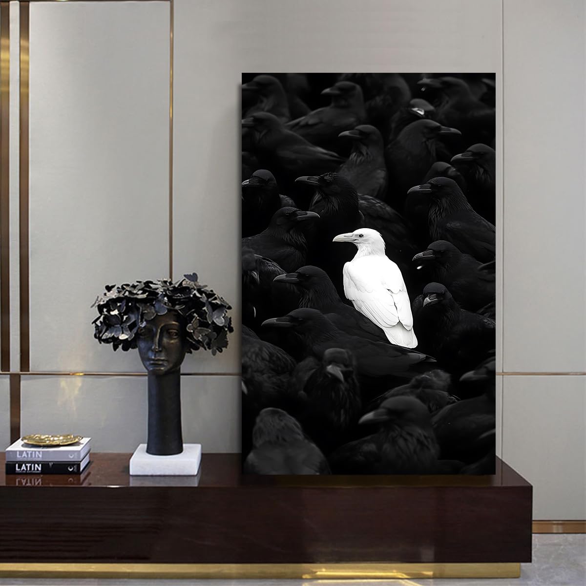 CHERHERART Czarno-biały obraz na płótnie kruk ptaki minimalistyczny obraz ścienny do salonu sypialni domowego biura jadalni 55 x 100 cm struktura wewnętrzna