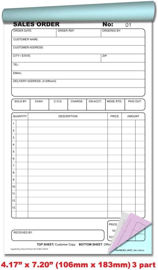 Cherry Carbonless Sales Order Book, 2-Part, with Loose-Leaf Writing Shield, 50 Sets, 4.17 x 7.20 Inches Unnumbered : Office Products