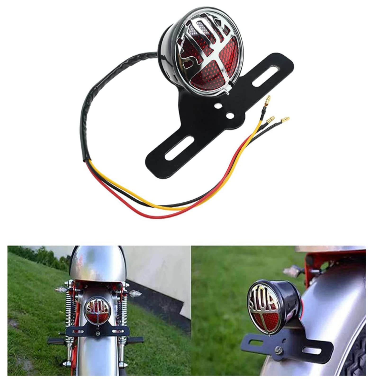 Feu Arrière Moto LED Universel Vintage avec Support de Plaque d'Immatriculation - Feu Stop et Feux Stop pour Moto