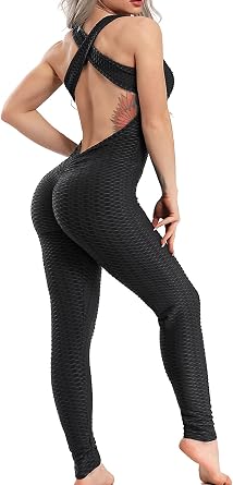 SEASUM Women Texture Bodysuit Sleevesless Sport One-Piece Backless Sexy Slimming Bodycon Rompers Jumpsuit M