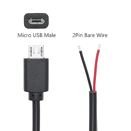 Miniatura 3 de 2 cables micro USB macho de 2 pines, micro USB de 3.3 ft3.3 pies para extremo abierto, cable de alimentación de coleta fácil de soldar, micro USB