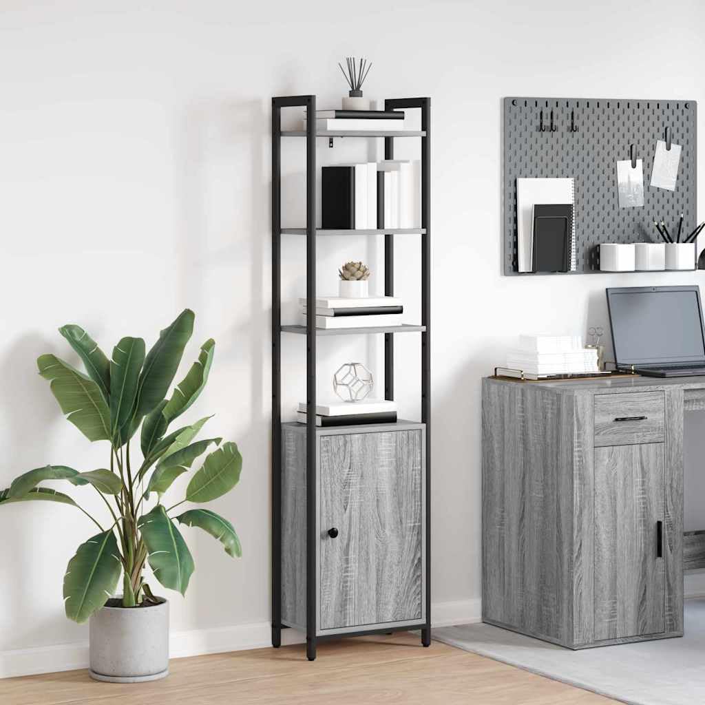 Librería Sonoma gris 40 x 24 x 161 cm, madera con 6 estantes y puerta, estantería estable para libros, decoración, oficina en casa