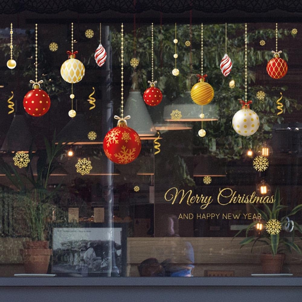Merry Christmas Ball Wall Casement Stickers Xmas Home Shop Decor Dual Sided Visual Patterns Removable PVC Stickers for Rooms