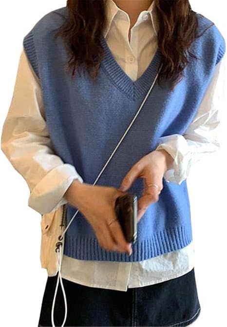 Amazon ンーセンー ニットベスト レディース 通学通勤 韓国風 ゆったり ショート ベスト おしゃれ トップス ニットインナー ブルー F ベスト 通販