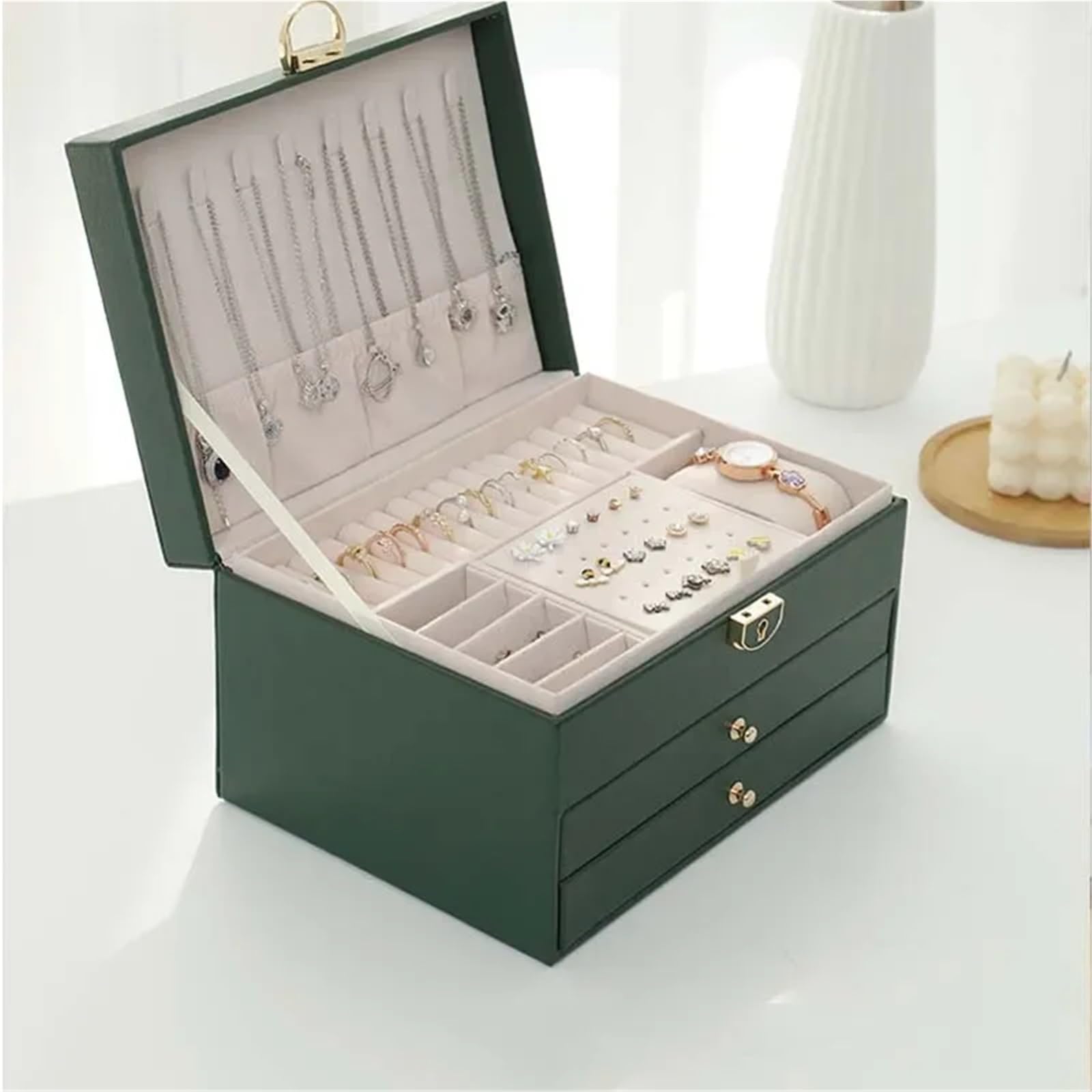 Organizzatore Di Gioielli Da Viaggio Scatola portaoggetti for gioielli in PU a 3 strati, for collane, orecchini, anelli, grande capacità, regalo for donne Per Anelli E Collane