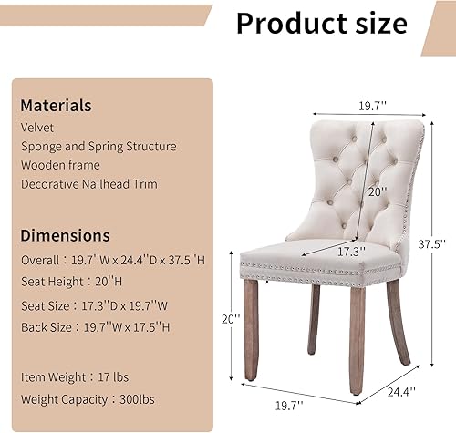Miniatura 3 de Juego de 4 sillas de comedor modernas, sillas de comedor tapizadas con patas de madera maciza, silla decorativa de terciopelo beige, Sillas de