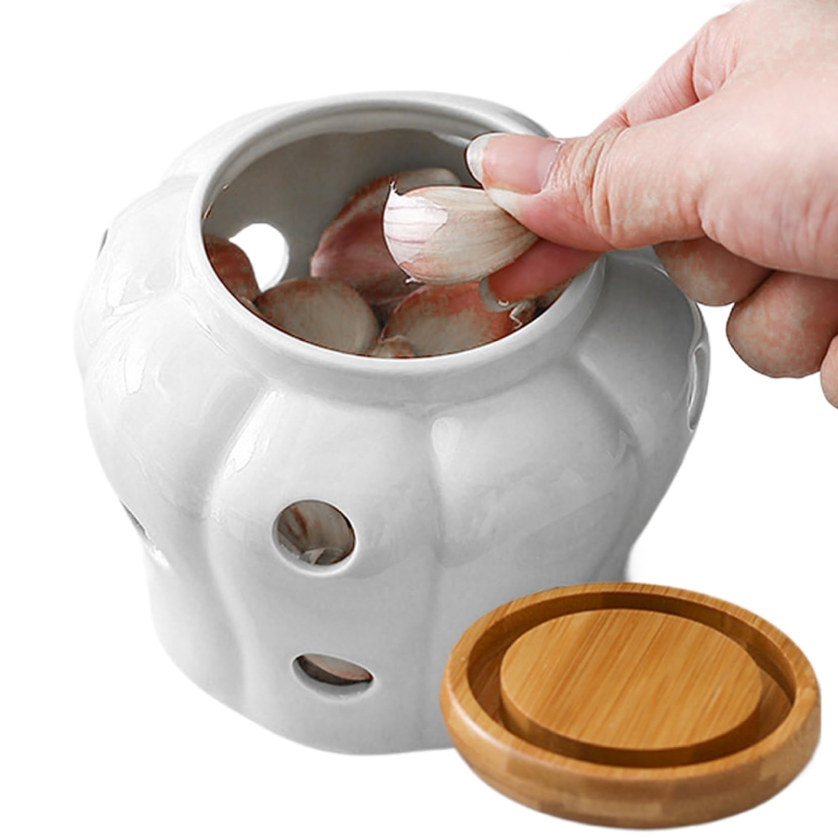 Xoeryoy Garlic Pot 4x4in Vented Freshness Ceramic Kitchen Garlic Keeper Large Opening With Lid Countertop Non-Slip Hollow Stylish Storage for Onions, Ginger (White)