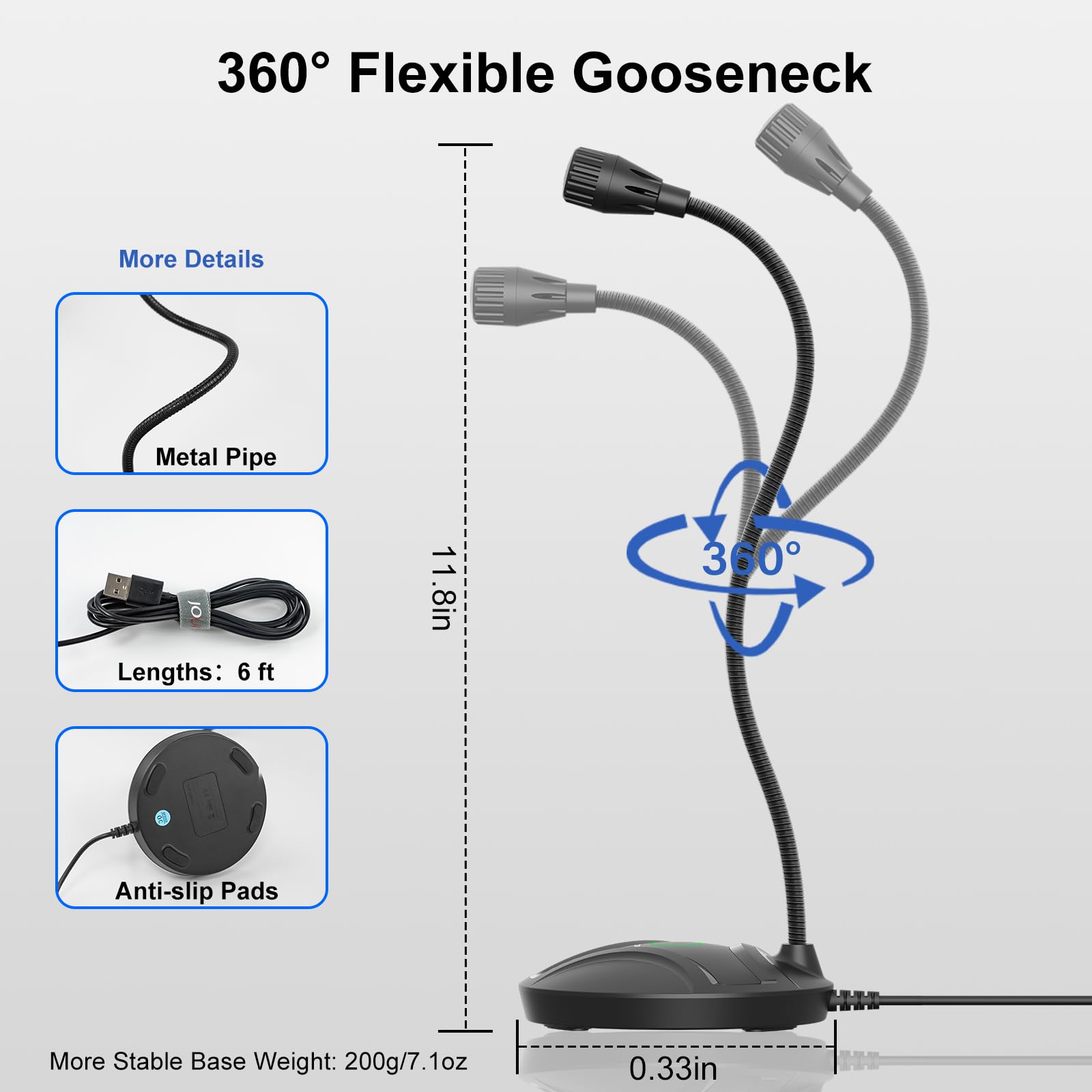 Microfono USB per computer Plug & Play, collo d'oca flessibile e pulsante di disattivazione LED, microfono da tavolo per giochi, YouTube, Streaming, compatibile con Windows/Mac (1,8 m)