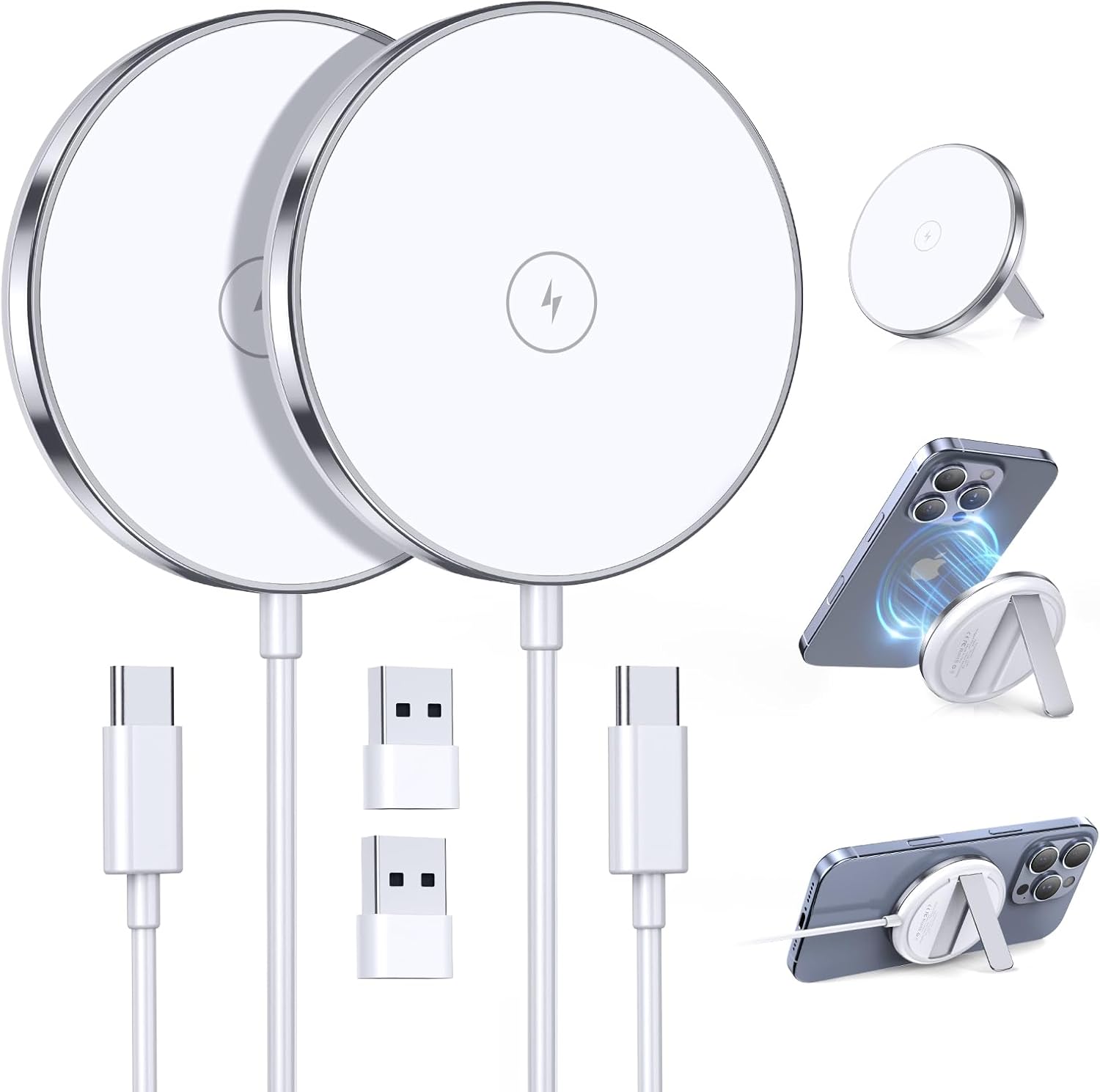 2 Pack Magnetic Wireless Charger 15W Fast Mag-Safe Charger Stand Compatible with iPhone 16/15/14/13/12 Series Wireless Charging Pad for AirPods 3/2/Pro 2/Pro White Portable Mag Safe Kickstand