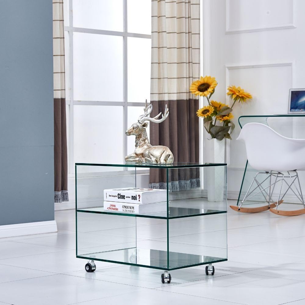 Indomita Tavolino da Salotto in Vetro temperato con Ruote Corniolo 60x40x53H