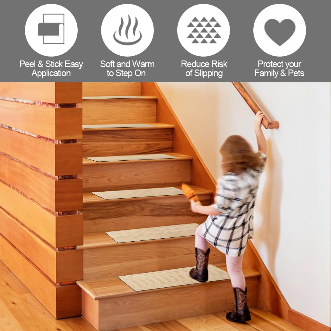 Alfombra para escalones, 15 unidades, autoadhesiva, para interior, lavable a máquina, antideslizante, recortable, reutilizable para proteger mascotas, personas mayores y niños (beige)