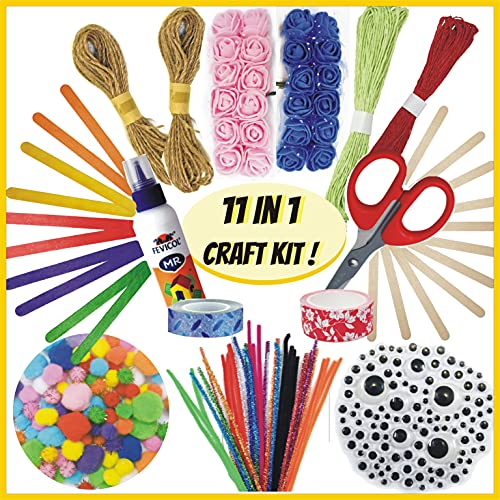INDIKONB 11 in 1 DIY Crafts Kit Set for Girls and Boys with Art and Craft Materials Supplies for Kids ( Pom Pom , Pipecleaner , Googly Eyes , Foam Flowers , Glitter Tapes , Paper Thread , Glue , Scissor , Jute Rope , Wooden Ice Cream Sticks , Colored Popsicle Stick ) for all ages 8-10 , age 9-12 , age 12-16 old INDIKONB 11 in 1 DIY Crafts Kit Set for Girls and Boys with Art and Craft Materials Supplies for Kids ( Pom Pom , Pipecleaner , Googly Eyes , Foam Flowers , Glitter Tapes , Paper Thread , Glue , Scissor , Jute Rope , Wooden Ice Cream Sticks , Colored Popsicle Stick ) for all ages 8-10 , age 9-12 , age 12-16 old