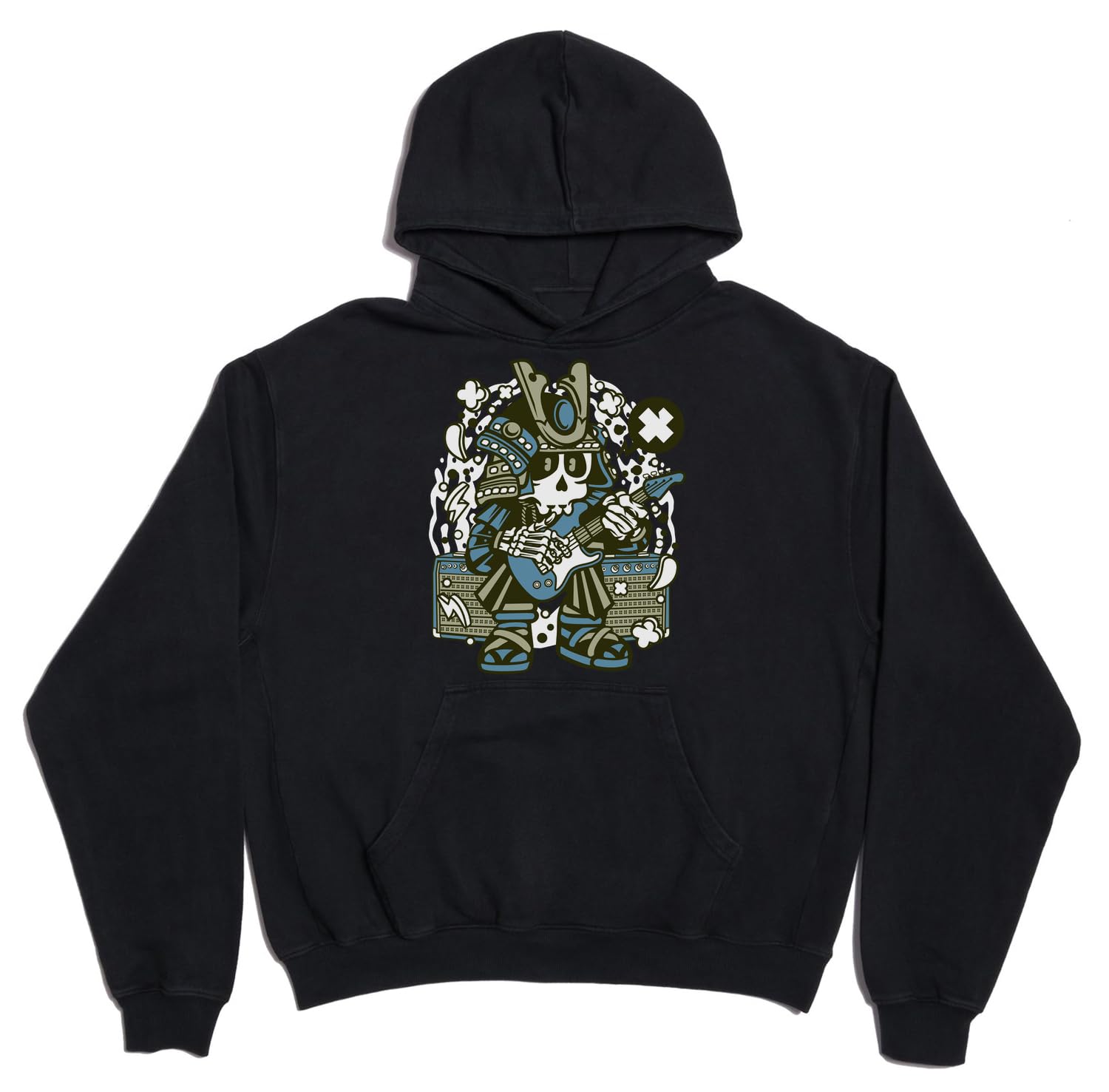 Samurai Rock Star Gitara Elektryczna Solo Grafika Unisex Oversize Ciężka Mieszanka Bawełny Bluza Z Kapturem Czarna