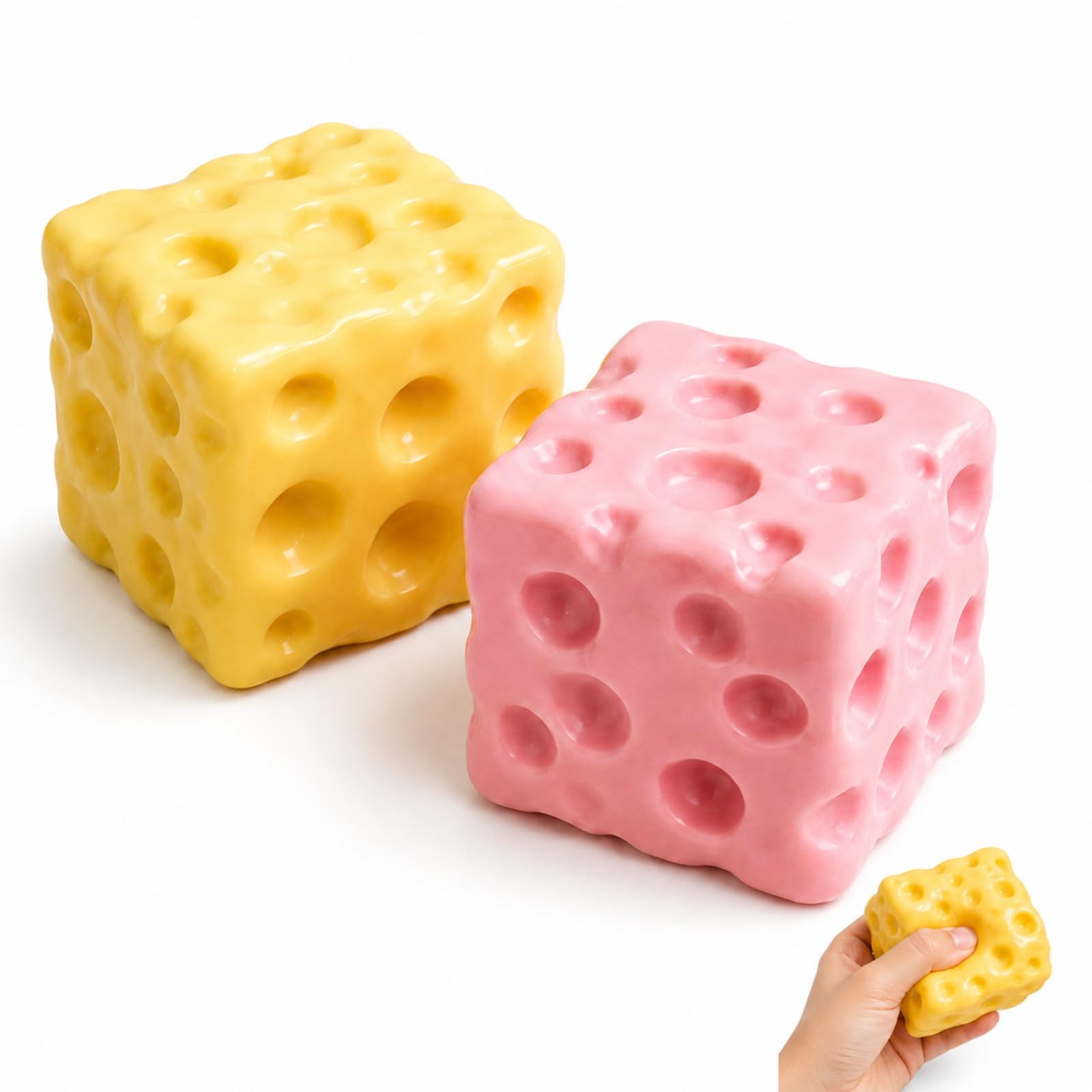 2-Piece Squeeze Cheese Squishy Set Pink Strawberry and Yellow Butter Square Squishy Fidget for Sensory and Desk Decor