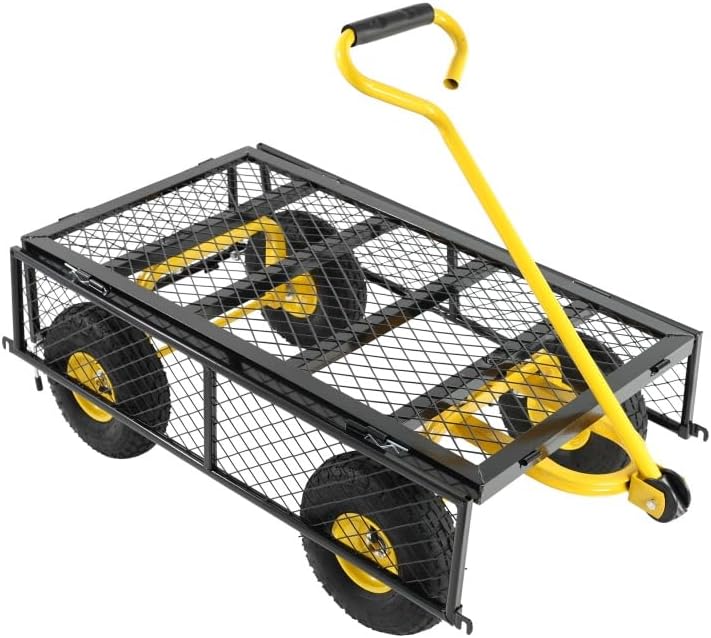 Yellow & Black Heavy-Duty Garden Utility Wagon Cart - 600 lbs Capacity, Inflatable Tires, Multi-Purpose Hauler for Firewood, Yard & Gardening