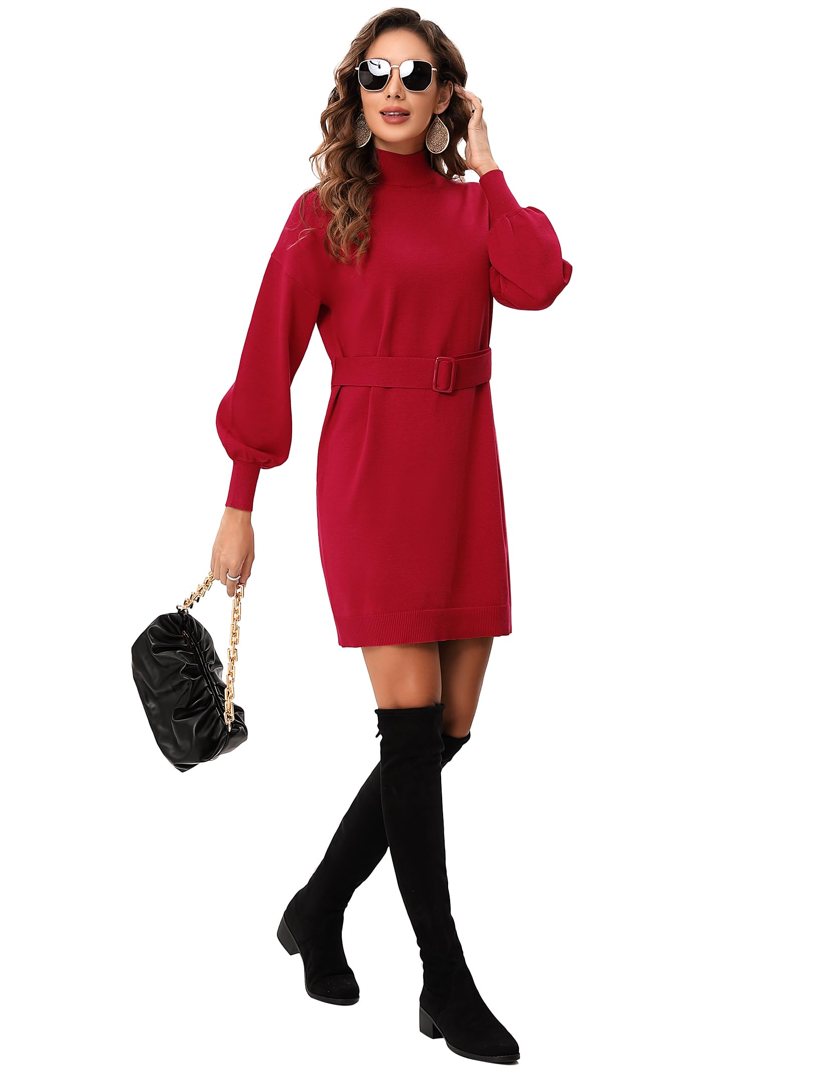 KOJOOIN Robe tricotée à Manches Longues et col roulé pour Femme - Robe Tunique élégante avec Ceinture