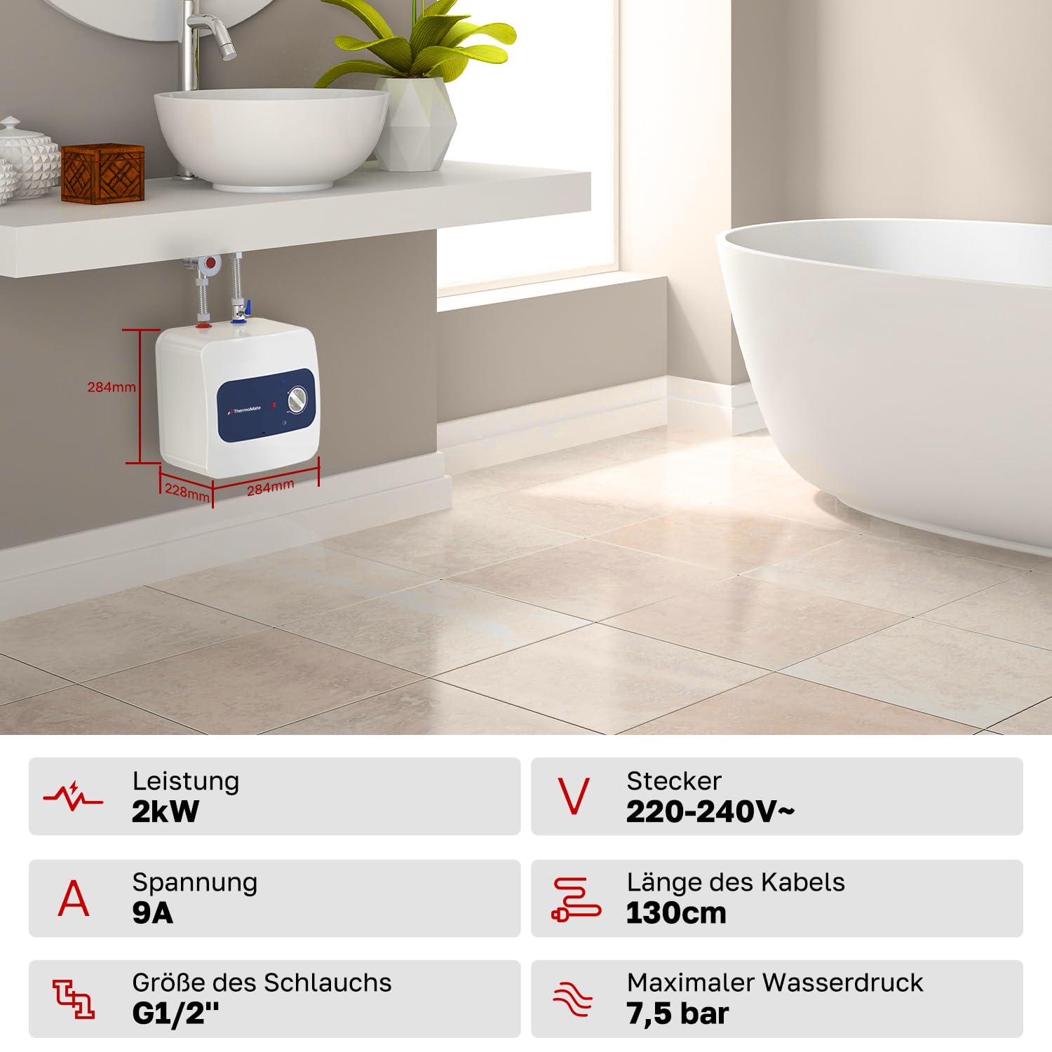 ThermoMate ES05DE druckfest Kleinspeicher 5 Liter Untertischboiler 2000 W 230V Warmwasserbereiter