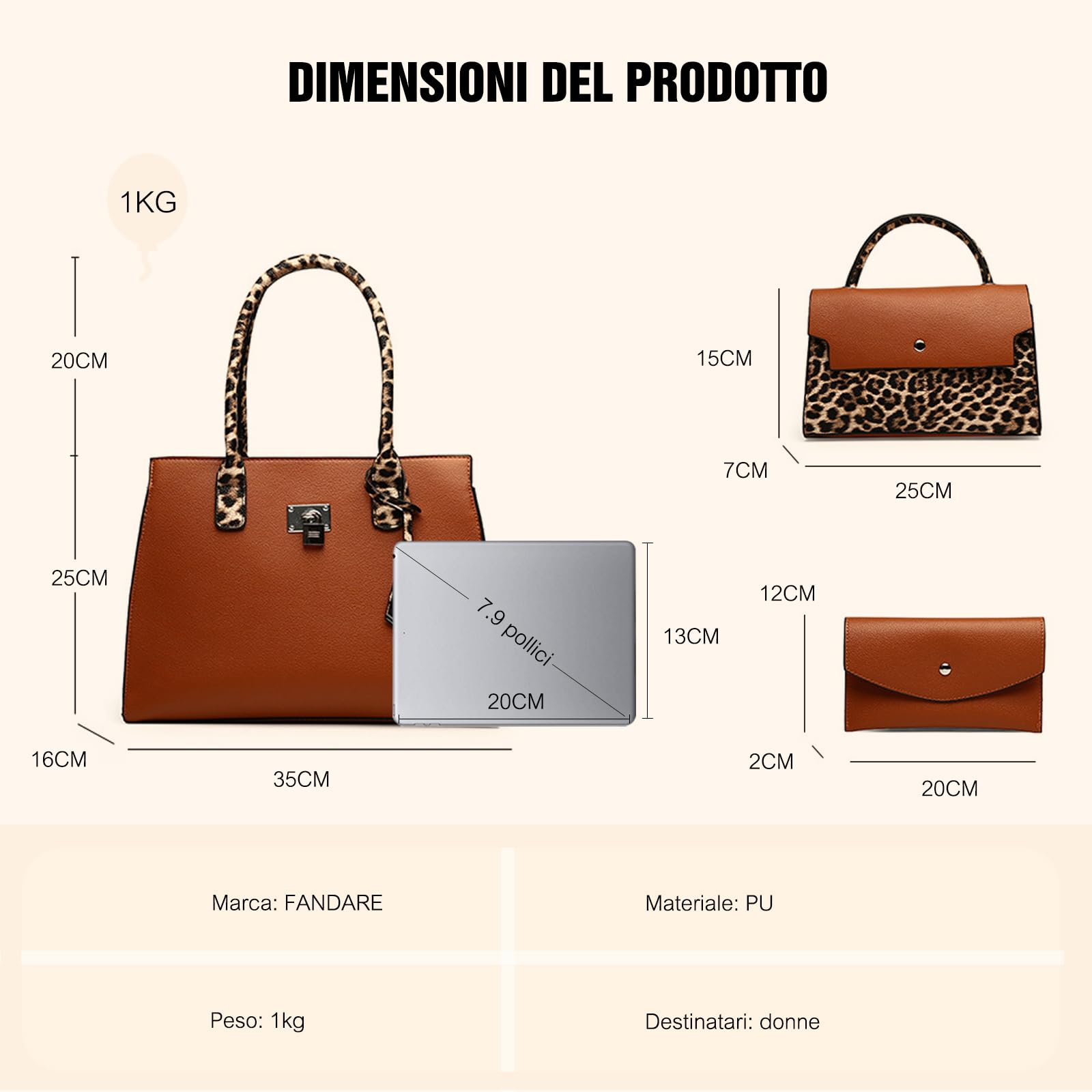 FANDARE 3 pezzi Set Elegante Borsa a Mano Donna PU Pelle Borse tracolla Spalla Leopardato Retrò Borse Tote Pochette Portafoglio Borsa Messenger per Shopping Viaggio Partito Sacchetto Borsetta