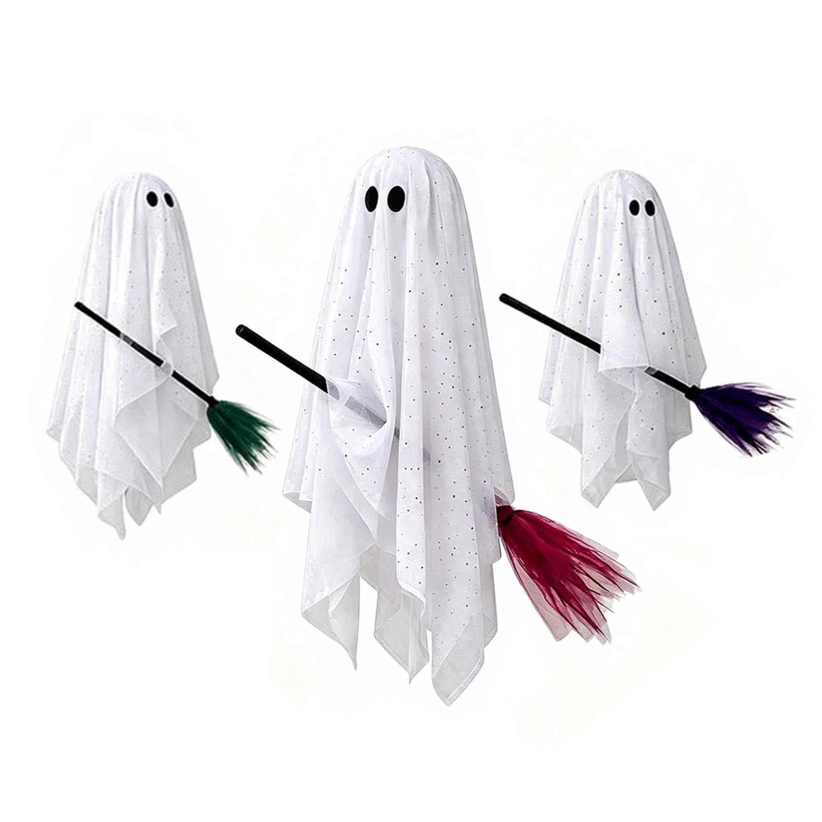 sugerou Halloween Decorations Outdoor, 3 Pcs Halloween Ghost Decorations, Spooky Hanging Ghost with Broom, Large Flying White Ghosts for Tree Porch Yard Patio Decor C
