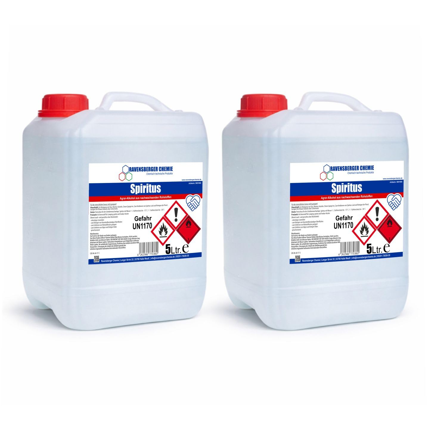 Spiritus, Brennspiritus im Kanister, Agrar-Alkohol als Alkoholreiniger Entfetter, Frostschutz bis -30°C, Brennstoff für Haushalt Werkstatt Camping (2x 5 Liter)