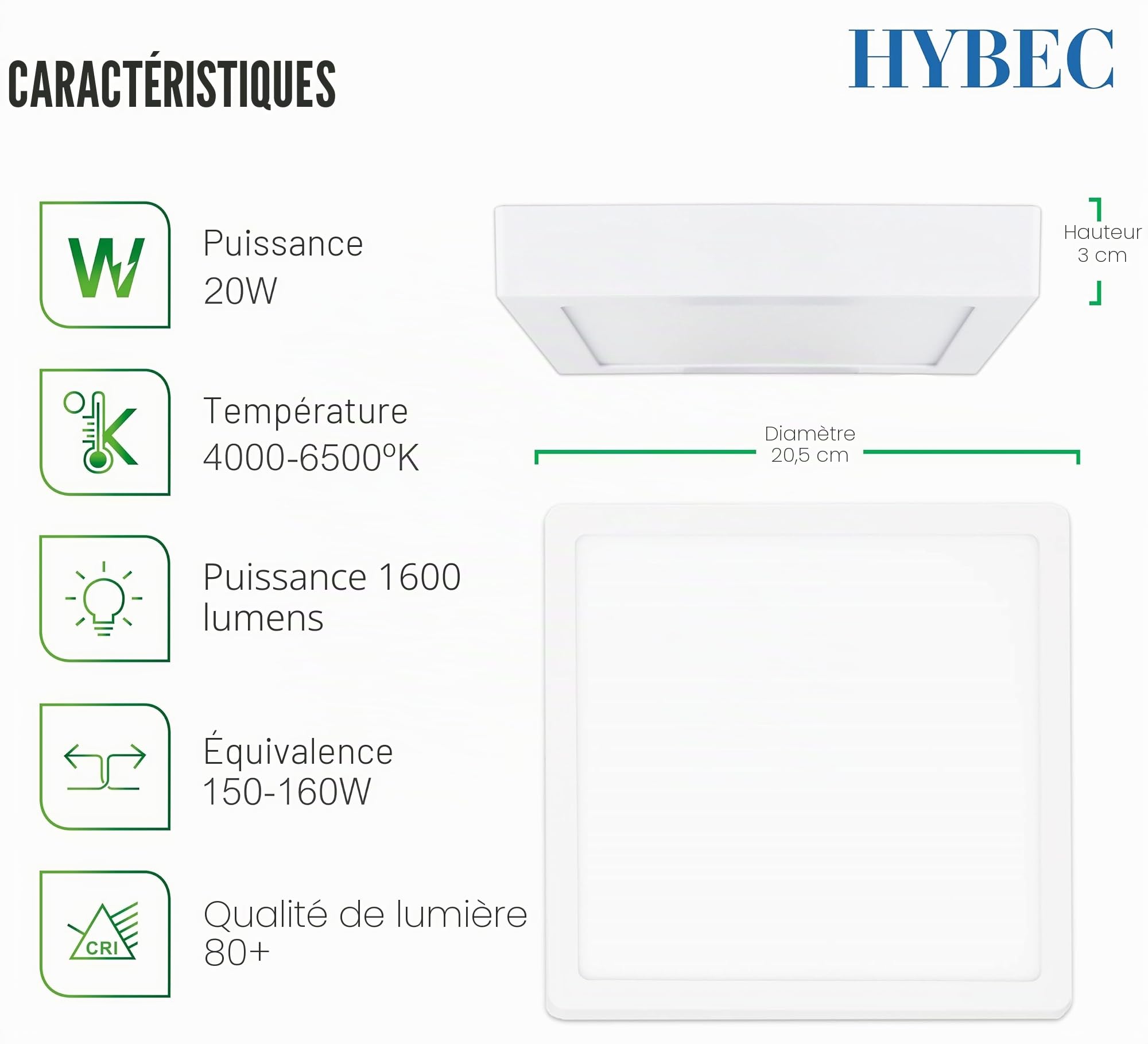CLAR - Downlight LED surface 20 W carré, plafonniers, applique de surface, plafonnier carré, lumière froide 6500ºK (Pack 5)