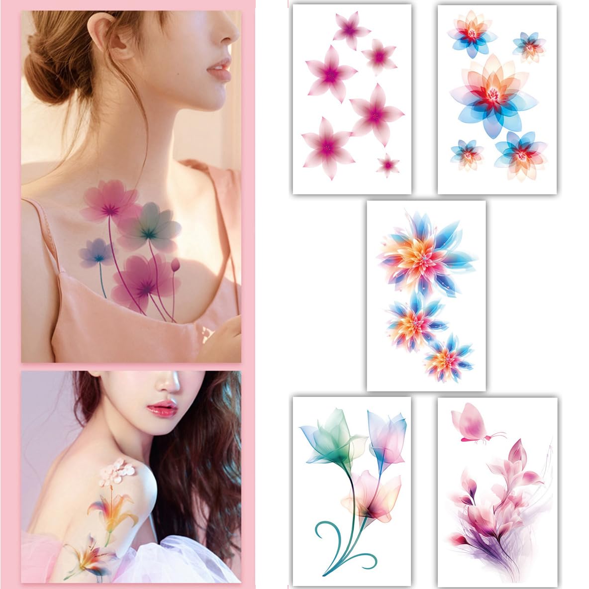 S.A.V.I 5PCS - Watercolor Flower Temporary Tattoos Vibrant, Skin-Safe Decals for Women & Girls, 12x7.6 cm Combo Pack