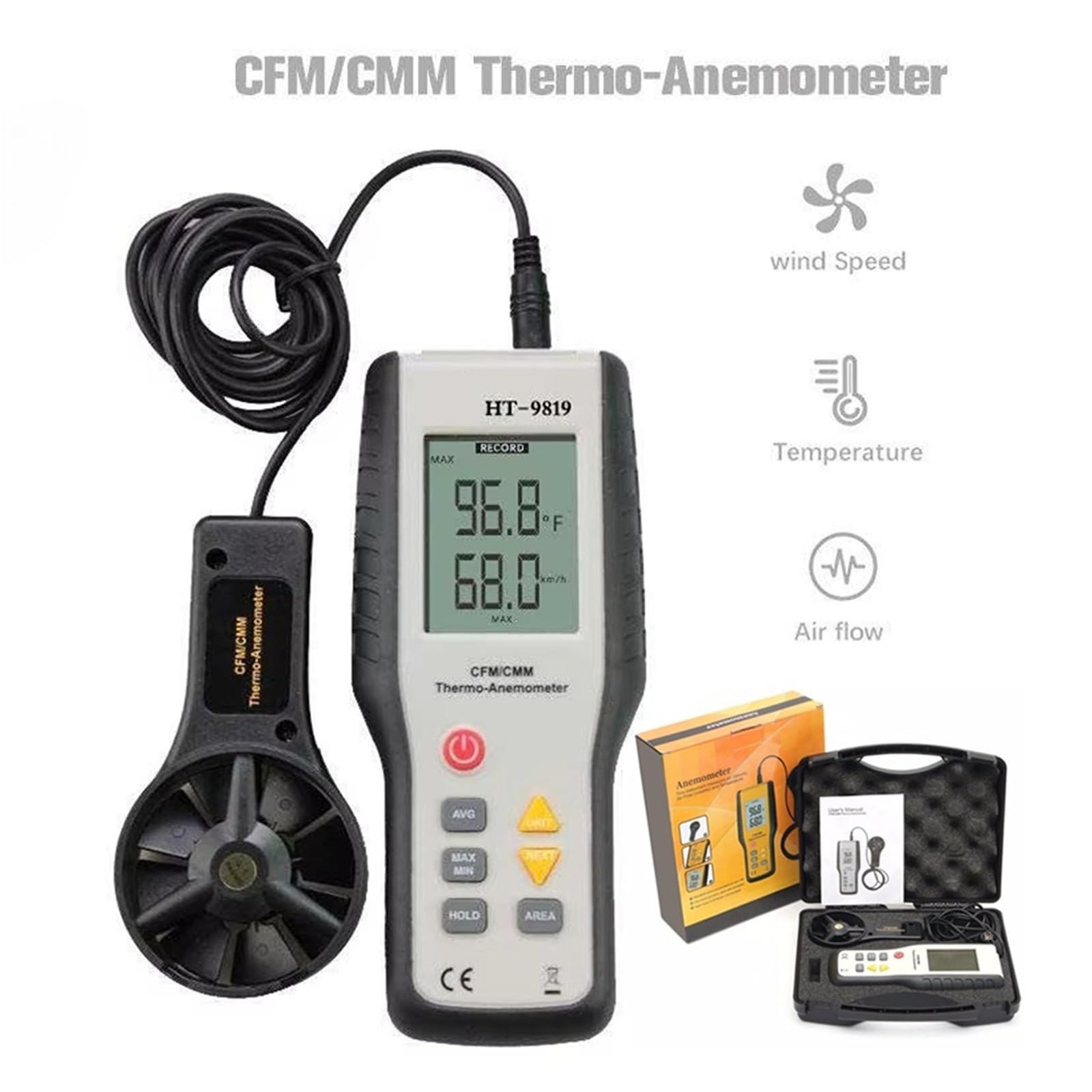 CFM/CMM Medidor de Flujo de Aire Anemómetro Digital Velocidad del Viento con retroiluminación HT-9819 0,4-30,0 m/s