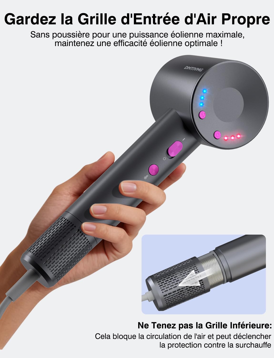 Sèche Cheveux Ionique 500 Millions Seche Cheveux Professionnel Séchage Ultra Rapide Type Salon Anti-Frisottis 160 000 tr/min Léger Faible Bruit Diffuseur Magnétique 4 Température (Gris Foncé)