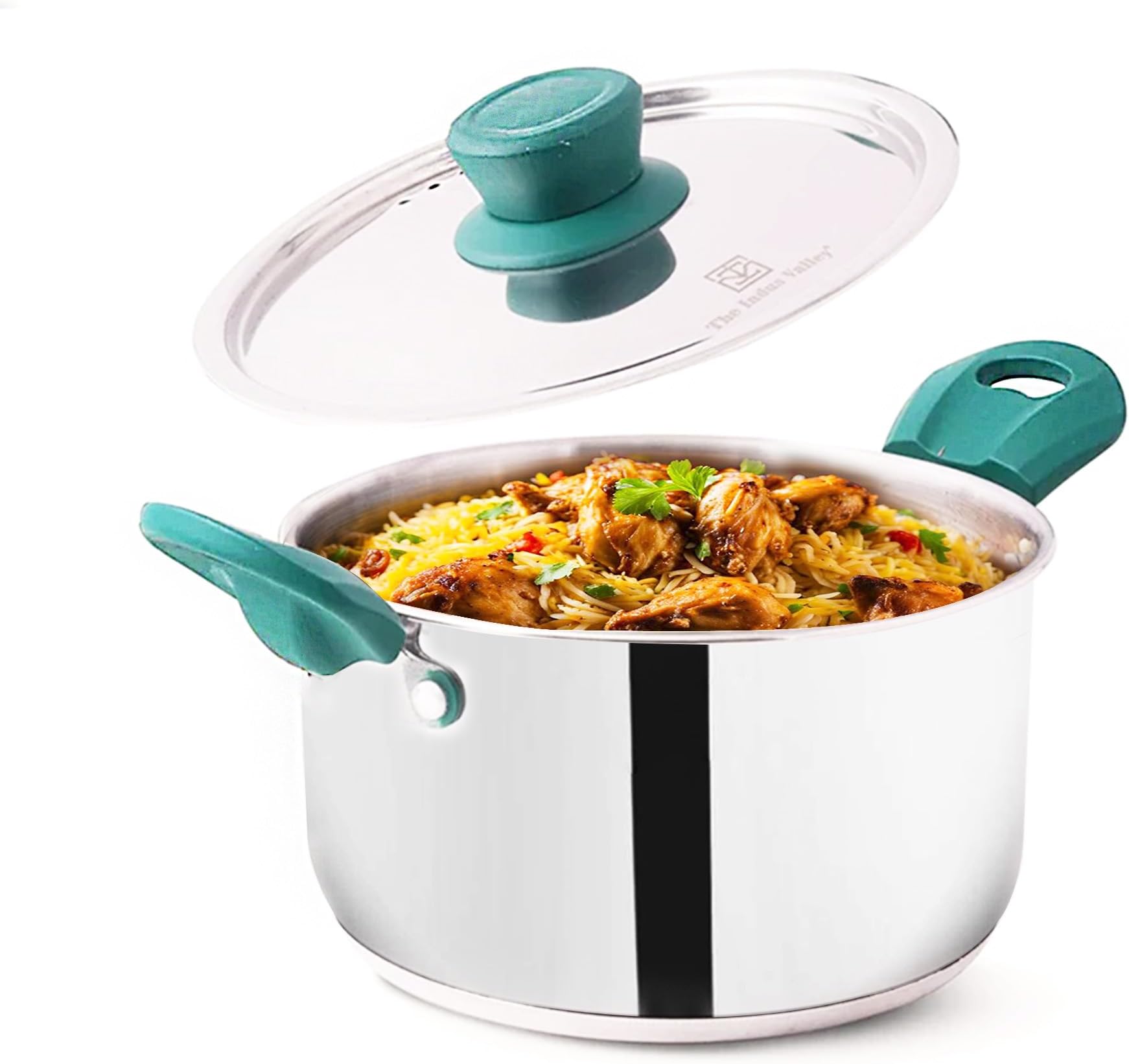 The Indus Valley Stainless Steel Stock Pot 2.3 Litre/Handi/Cook-N-Serve Bowl with Steel Lid | 19 cm (7.5 Inch) | Induction Friendly | 3-Layer Thick Bottom | 100% Toxin-Free