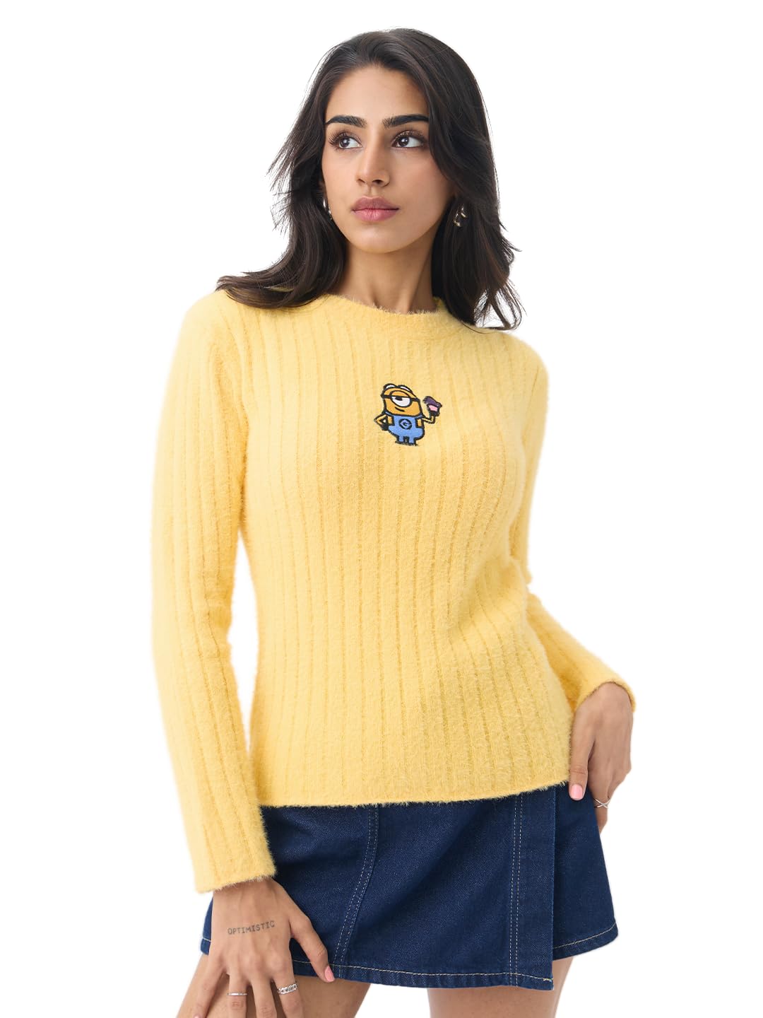 Minions: Dave Women and Girls Long Sleeves Round Neck Bright Yellow Ribbed Knit Embroidered Acrylic Nylon Blend Regular Fit Casual Winter Sweater-image-4