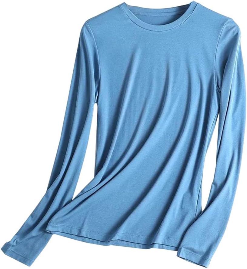 Women Long Sleeve Thread T-Shirts Smooth Knitted Solid Color Basic Soft Bottoming T-Shirts Tops