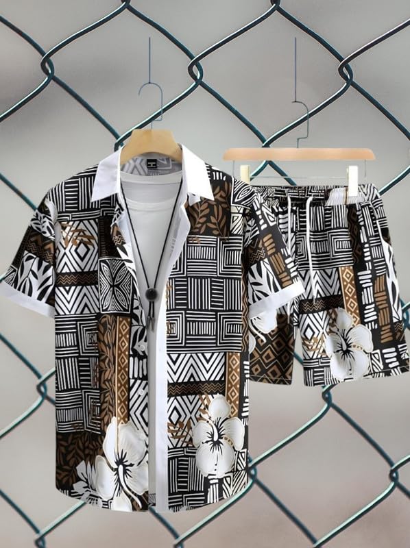 Image of Men's Printed Co-Ord Set | Plus Size Casual Shirt & Shorts Set | Nightwear Pajama Suit, Loungewear, Beachwear & Vacation Outfit Design No Shirt-Short Set10-Parent