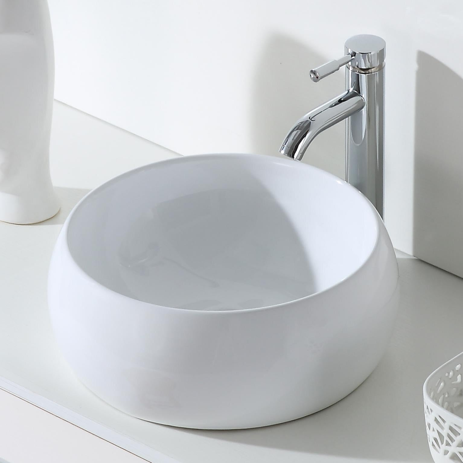 Eridanus Countertop Basin, Round Ceramic Bathroom Vessel Sink, 390 x 390 x 160 mm, Gloss White, Modern Vanity Wash Basin