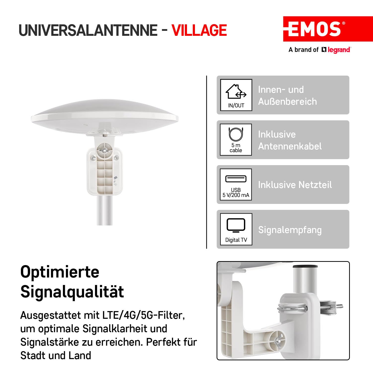 EMOS - Antenne numérique avec amplificateur - pour l'extérieur - Antenne Active Village - Portée 0-80 km - FM/Dab/DVB-T/DVB-T2 - Filtre LTE/4G/5G intégré - Angle de réception 360°