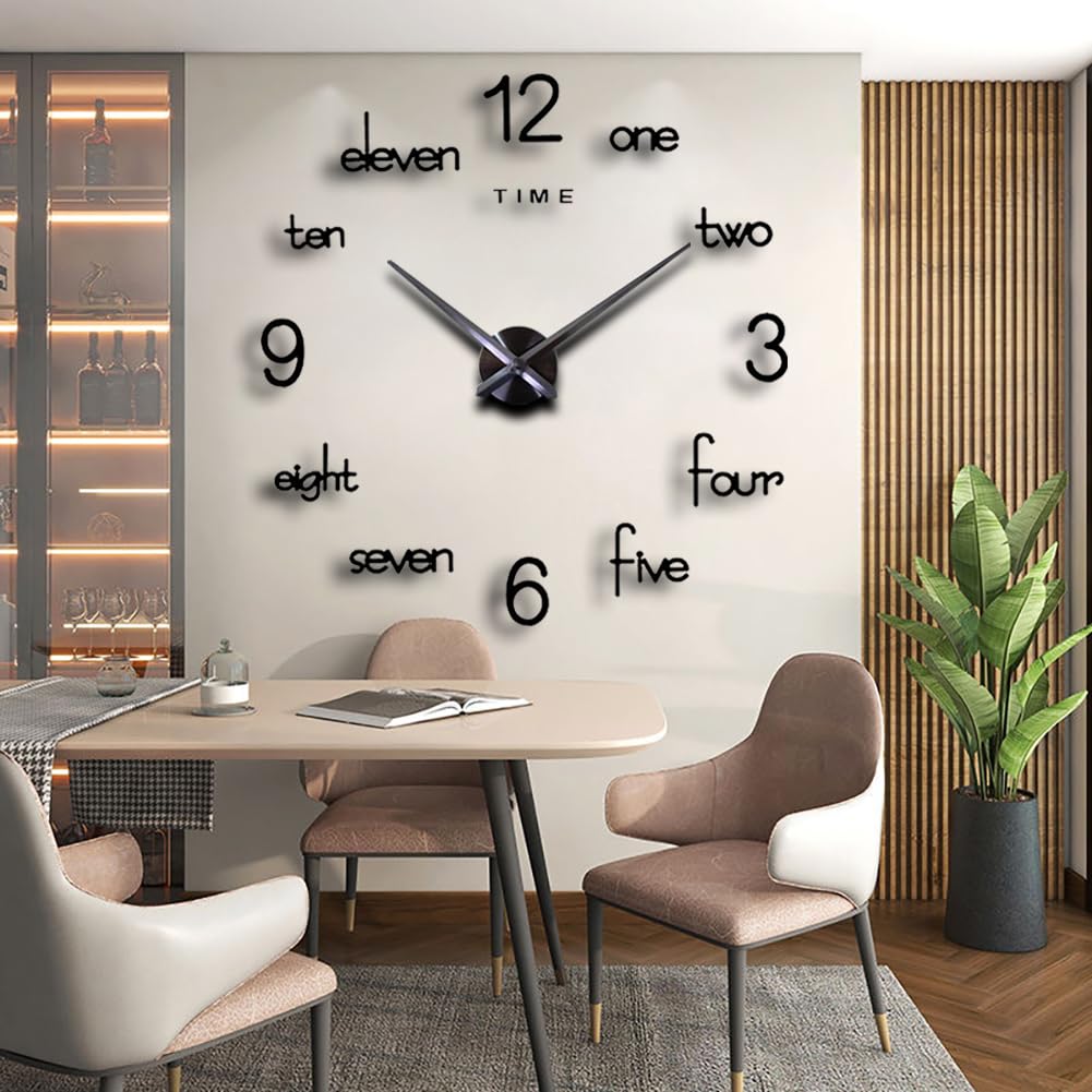 DIY 3D Wall Clock Large Frameless Watch Mirror Surface Wall Art Clock for Living Room Bedroom Office Hotel Wall Decoration (DIYL185-Black)