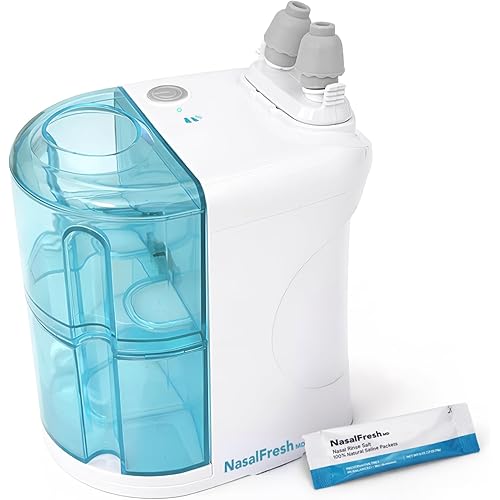 NASALFRESH MD - Dual Powered Nasal Irrigation System Nasal Rinse and Wash - Sinus Decongestant Relief System w/ 30 Saline Packets - Rechargeable - Multi-User, 2 Sets of Nose Pillows - Snoring Remedy