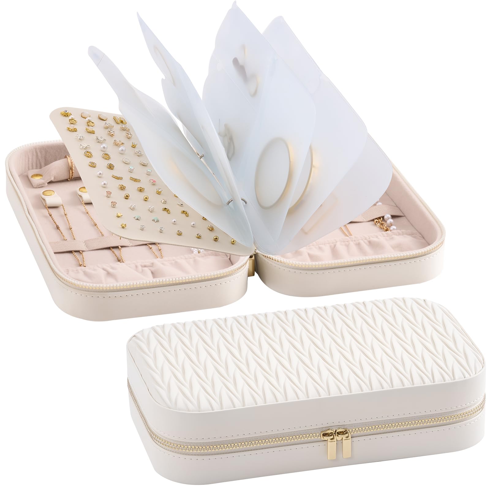 Lolalet Gioielli di Viaggio Organizzatore, Cassa di Stoccaggio Gioielli con Tasca, Orecchini Collane Braccialetti Anello Sacchetto di Stoccaggio con Cerniera per le Donne -Bianco