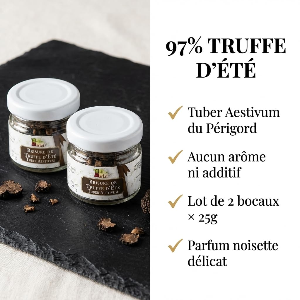 Cellier du Périgord - Brisures de Truffe d'Été Tuber Aestivum Lot de 2 Bocaux x 25g soit 50g - 97% Truffe - Parfum Noisette - Pâtes Risottos Œufs Sauces - Conserve Artisanale Périgord Sarlat 1973