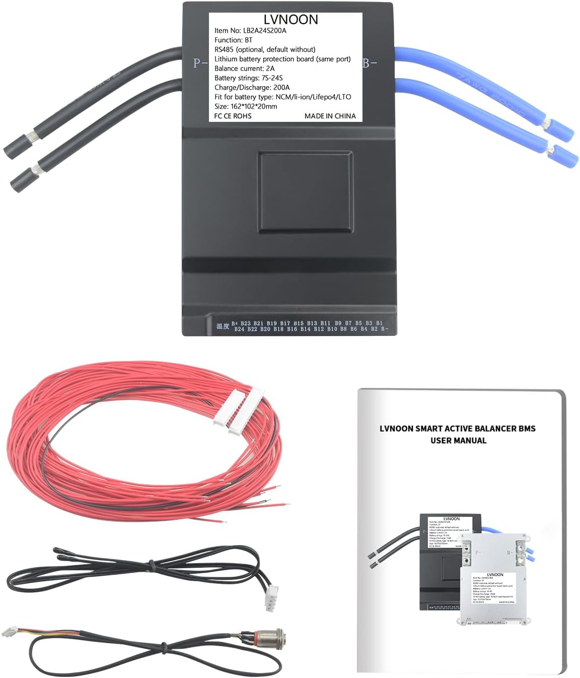 LB2A Smart Active Balancer BMS for Li-ion NCM LFP LiFePo4 LTO Battery Management System 3S to 24S 150A 200A 300A with APP Control 12V 24V 48V 60V 72V 84V (7-24S, 300A)