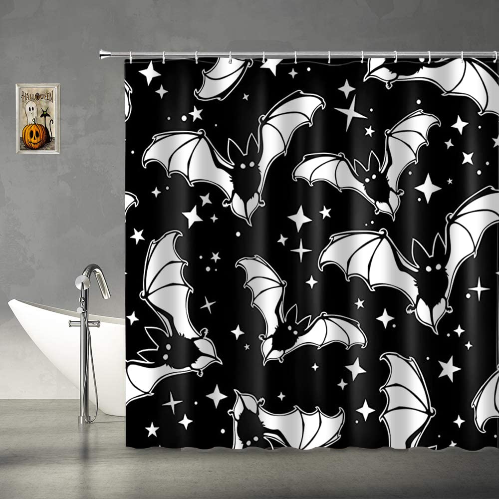 Abaysto 47 Spooky Halloween Shower Curtain Decor, Horror Halloween Black And White Bats Shower Curtains Bathroom Shower Curtains Fabric Waterproof With Hooks