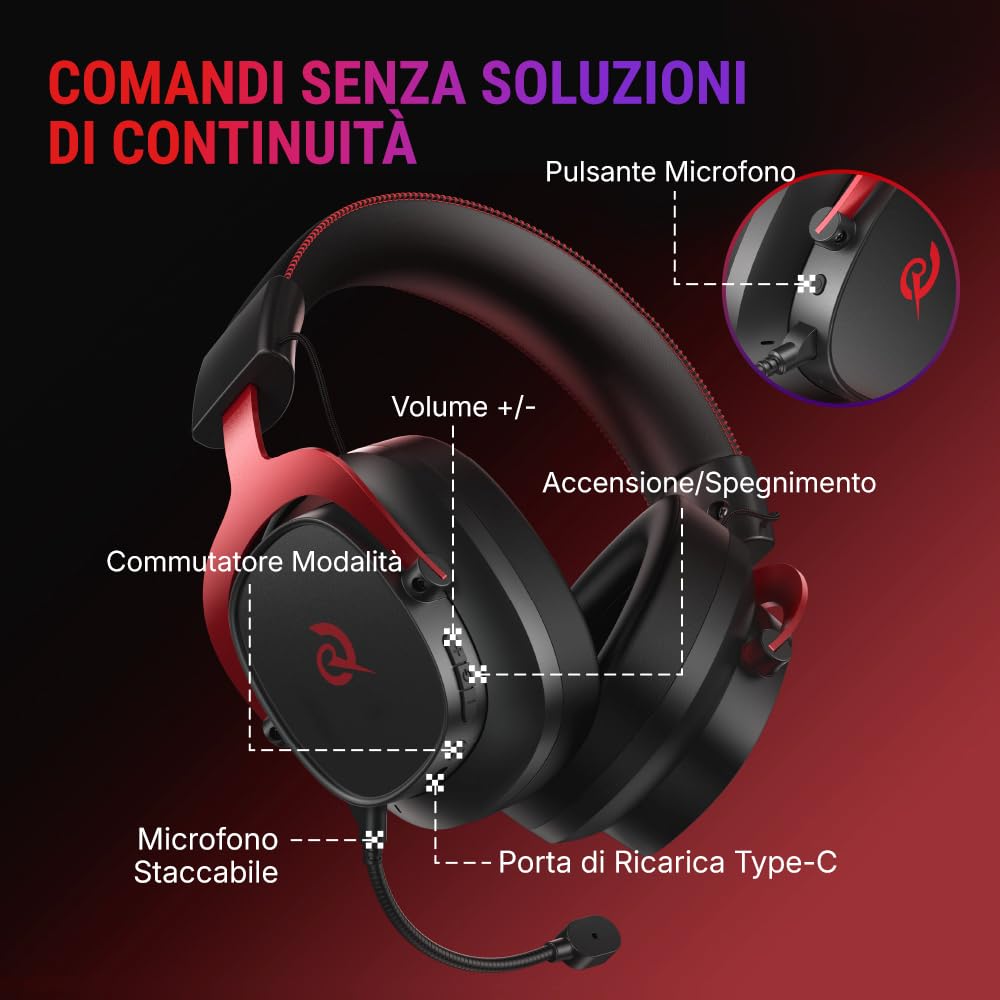 QCY Cuffie Gaming Wireless per PC/PS5/PS4/Switch, HEROAD VT200 Cuffie Over Ear, Audio Surrounqchd 7.1, Cuffie Gaming 2,4GHz Wireless+Bluetooth 6.0, Microfono Staccabile, Batteria da 130 ore -RossoNero