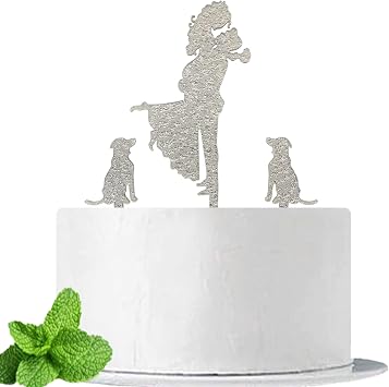 JIEEIN Wedding Cake Topper, Mr and Mrs Cake Topper, Groom Hold Bride with Flowers Besides Two Pet Dogs Silhouette Cake Decorations, Silver Glitter Acrylic