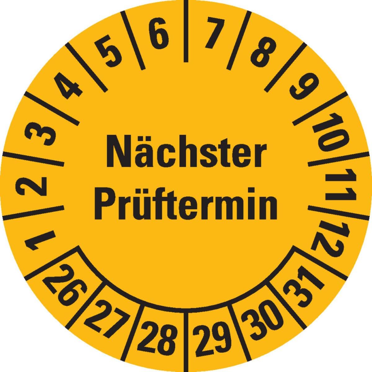 Prüfplakette Nächster Prüftermin, 2026–2031, Ø20 mm, gelb, Dokumentenfolie, 180 Stück/Heft