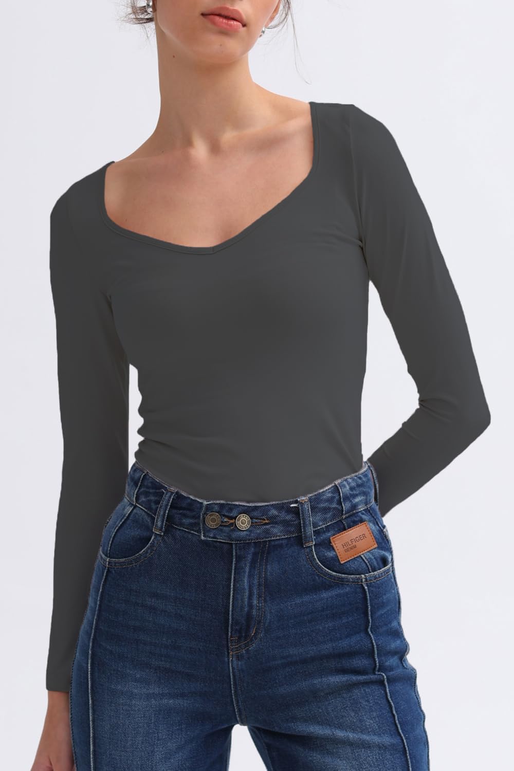 Women Long Sleeve Tops - Sexy Going Out Sweetheart V Neck Basic Shirts Tight Slim Fall Trendy Clothing - Image 3