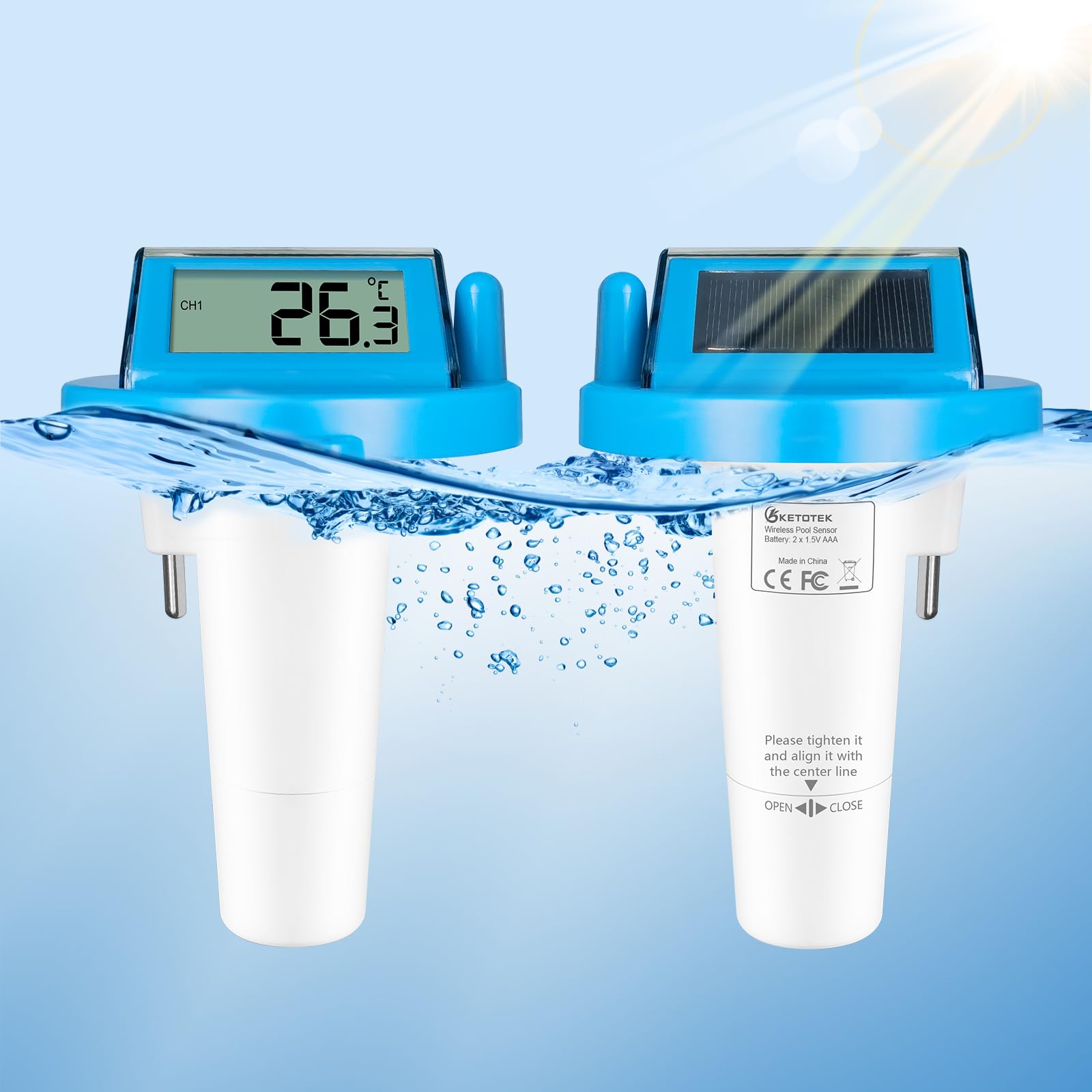 KETOTEK Poolthermometer Funk Schwimmendes Digitaler Wassertemperaturmesser für Schwimmbad, 60m Reichweite, IPX8 wasserdicht Präzises Thermometer für Badewanne, Teich, Aquarium