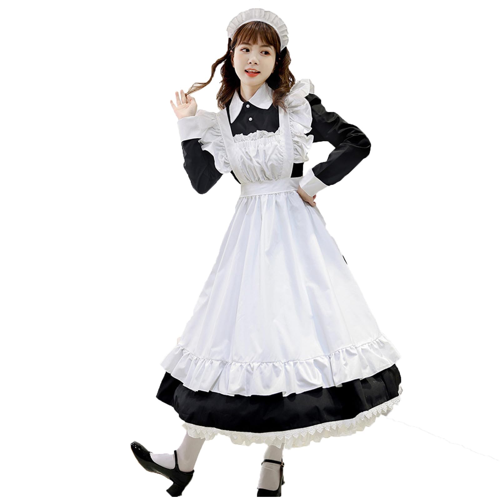 GULASISI Japanese Women Maid Outfit Cosplay Costume Victorian Princess Dresses Apron with Headwear Halloween Ren Fair Costumes Black