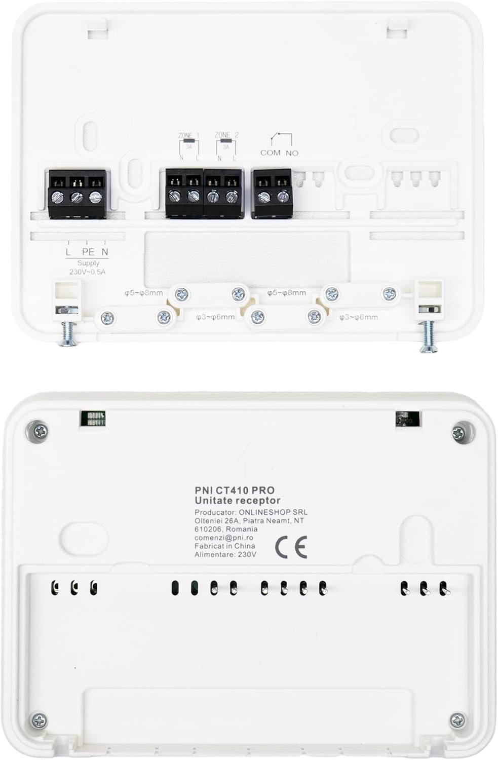 בְּחֲזָרָה view of the PNI CT410 PRO Receiver Unit showing wiring terminals for power supply, heating system connection (COM, NO), and zone control.