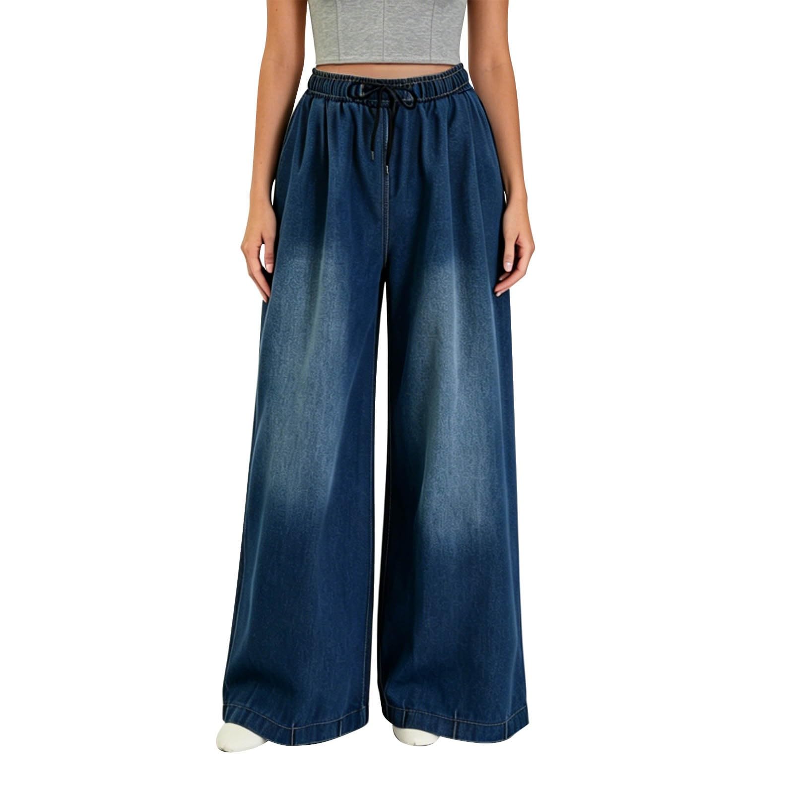 Damen Jeans Mit Gummizug Bund - Marlenehose Damen Elegant Große Größen | Elastische Mit Kordelzug Jeanshosen High Waist Stretch Denimhose Oversize Jeanshose Straight Palazzohose Streetwear